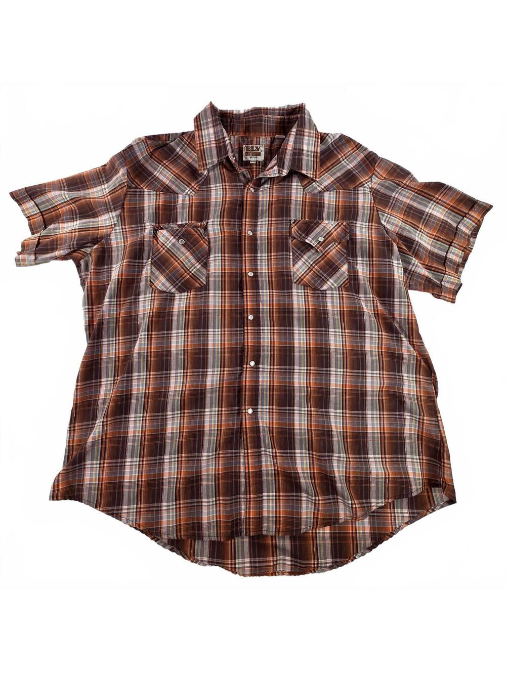Ely Cattleman Men's XXL Brown Orange Plaid Western Shirt Short Sleeve